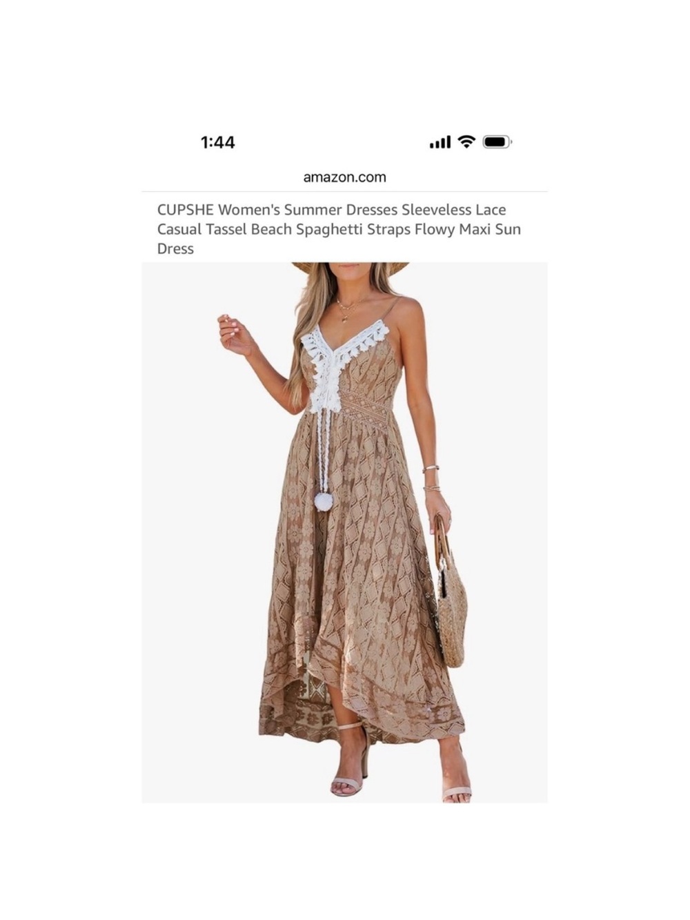 Cupshe Tan Maxi Dress with White Lace Trim and Tassel Waist